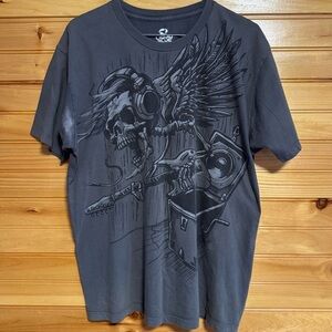 Liquid Blue Dark Grey Skull with Guitar and Wings Y2K Size L